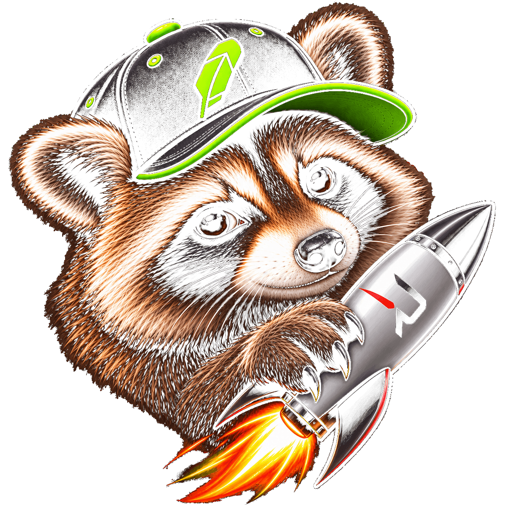 $ROCKET: a raccoon in a Robinhood cap holding a rocket