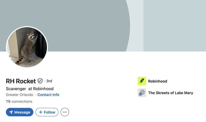 RH Rocket LinkedIn profile header: Scavenger at Robinhood, Greater Orlando