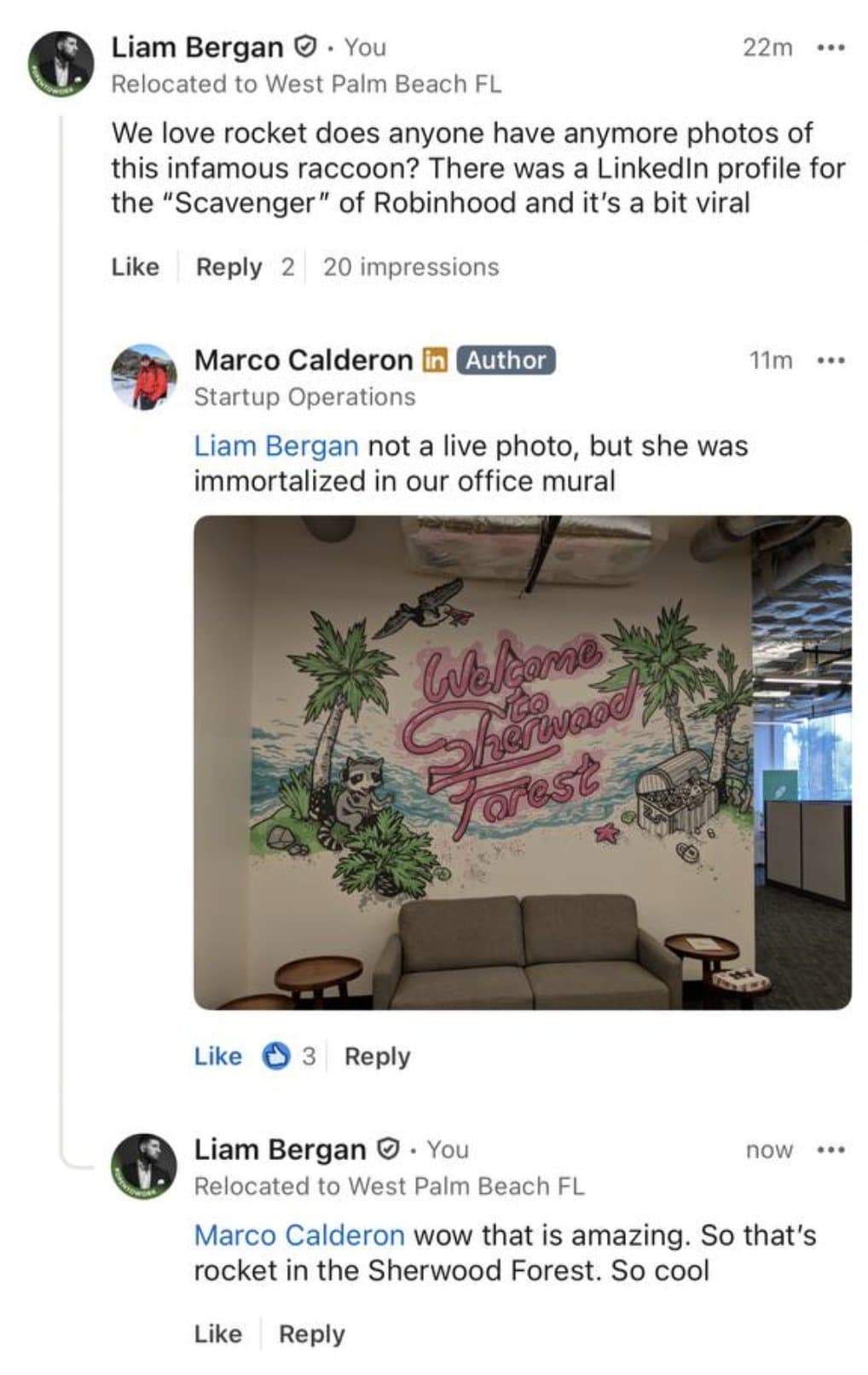 LinkedIn comment thread where a former Robinhood employee shares the office mural featuring Rocket